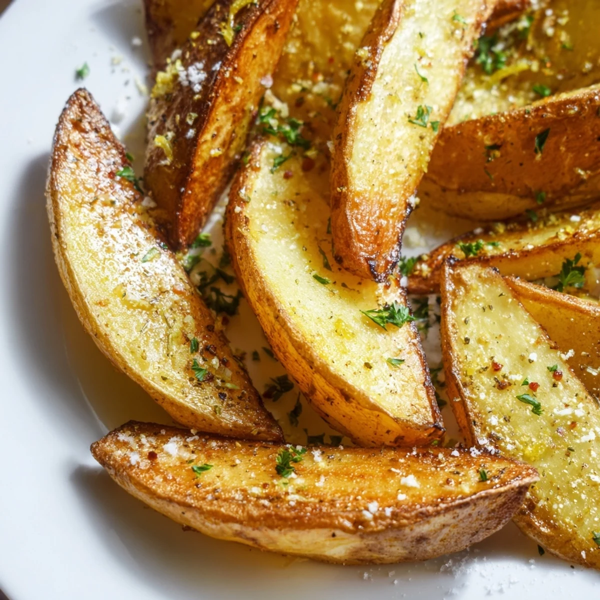 Rustic Lemon Potato Wedges plated beside grilled chicken for a Mediterranean-inspired side dish.