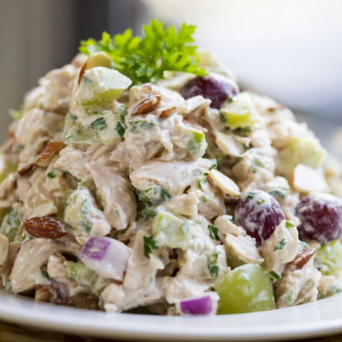 Tender Chicken Salad scoops garnished with fresh parsley and sliced almonds, ready to serve with crisp lettuce leaves.