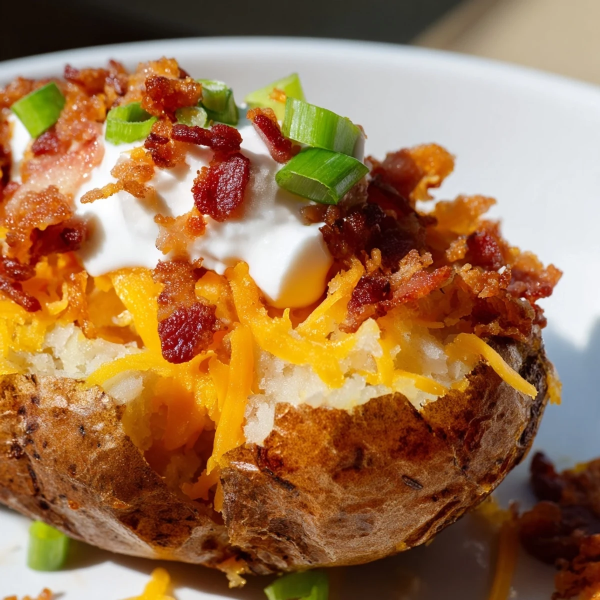 Golden-brown Crispy Potato Skins filled with melted cheddar, smoky bacon crumbles, and a cool dollop of sour cream.