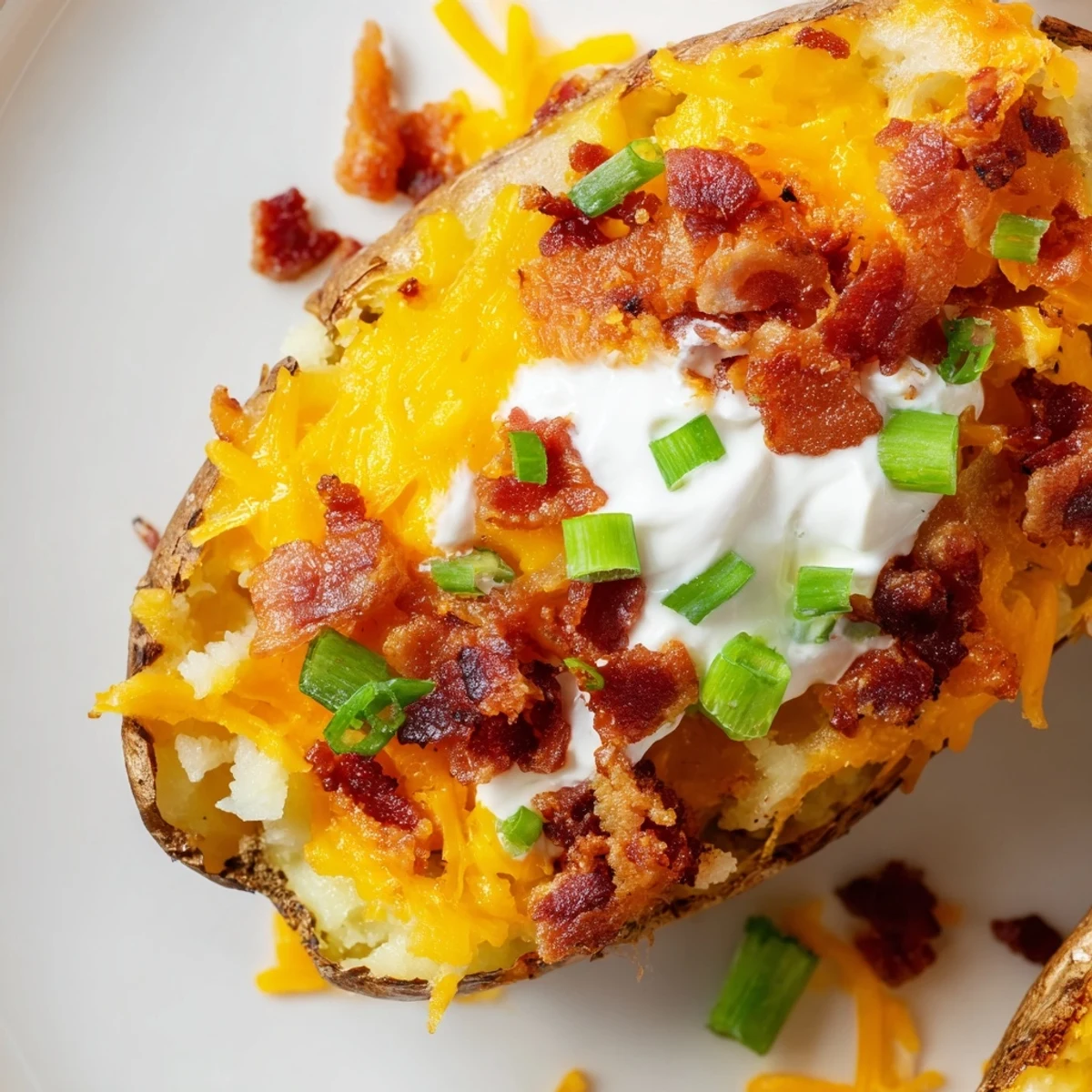 Freshly baked Crispy Potato Skins with gooey cheese and bacon, garnished with chives, perfect for an easy appetizer.