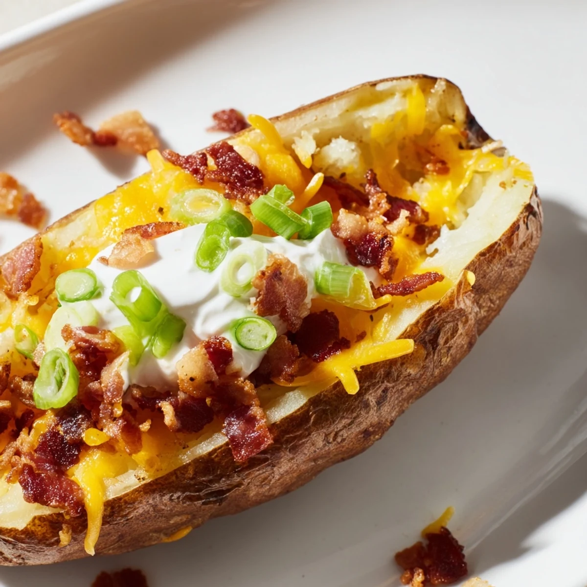 Baked Crispy Potato Skins topped with green onions and hot sauce, served on a rustic wooden board for a game-day snack.