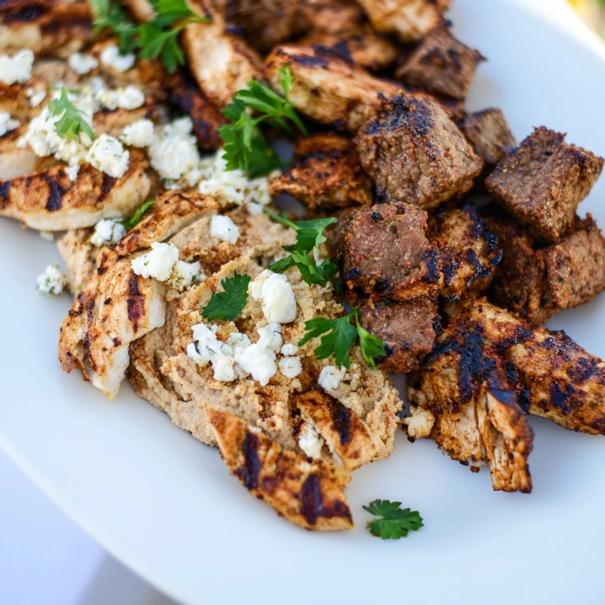Freshly grilled chicken and lamb kebabs are arranged on a Mediterranean dish platter with hummus and warm pita bread.