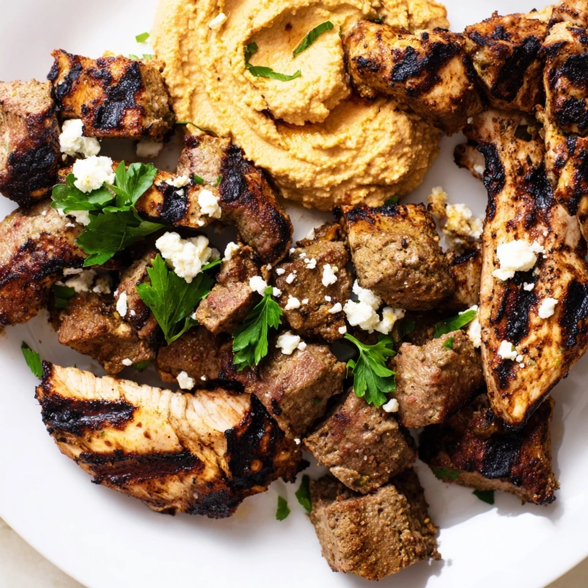 Colorful chopped cucumbers, tomatoes, and feta cheese garnish this Mediterranean dish platter ready for a festive family gathering.