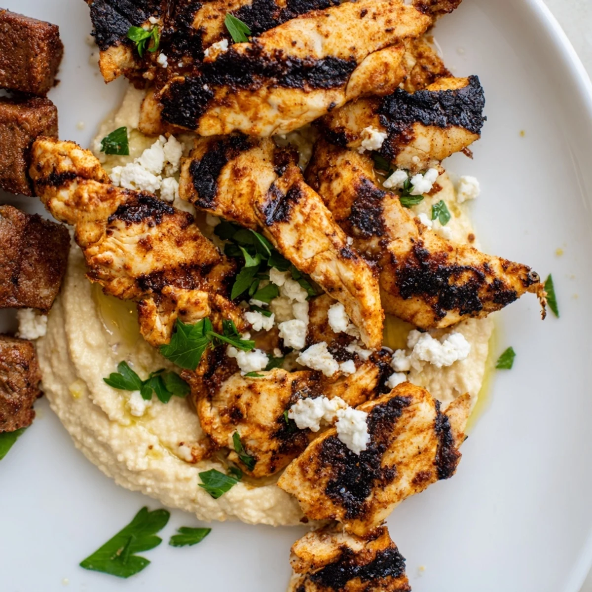 Savory tzatziki dip and Kalamata olives accompany a vibrant Mediterranean dish platter with charred meats and fresh vegetables.