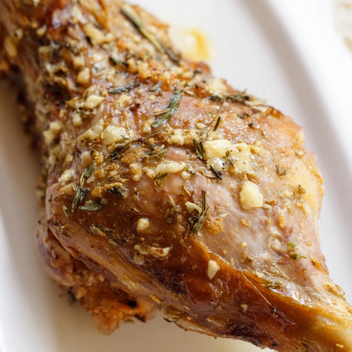 Slow roasted turkey legs rest on roasted carrots and onions with steam rising from the pan juices.