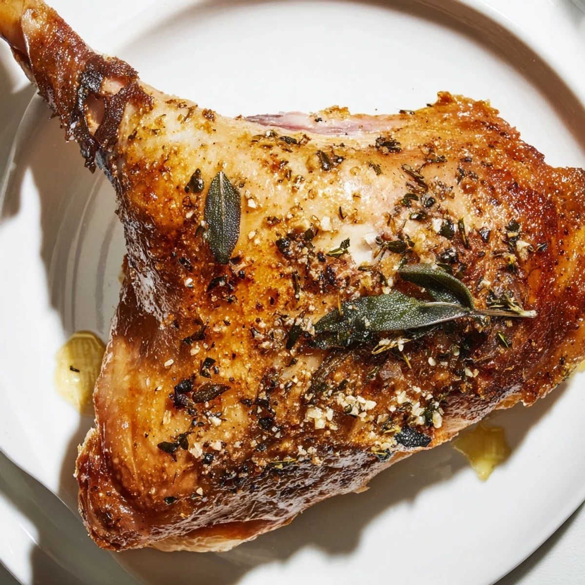 Succulent slow roasted turkey legs garnished with fresh sage, ready to serve with mashed potatoes for dinner.