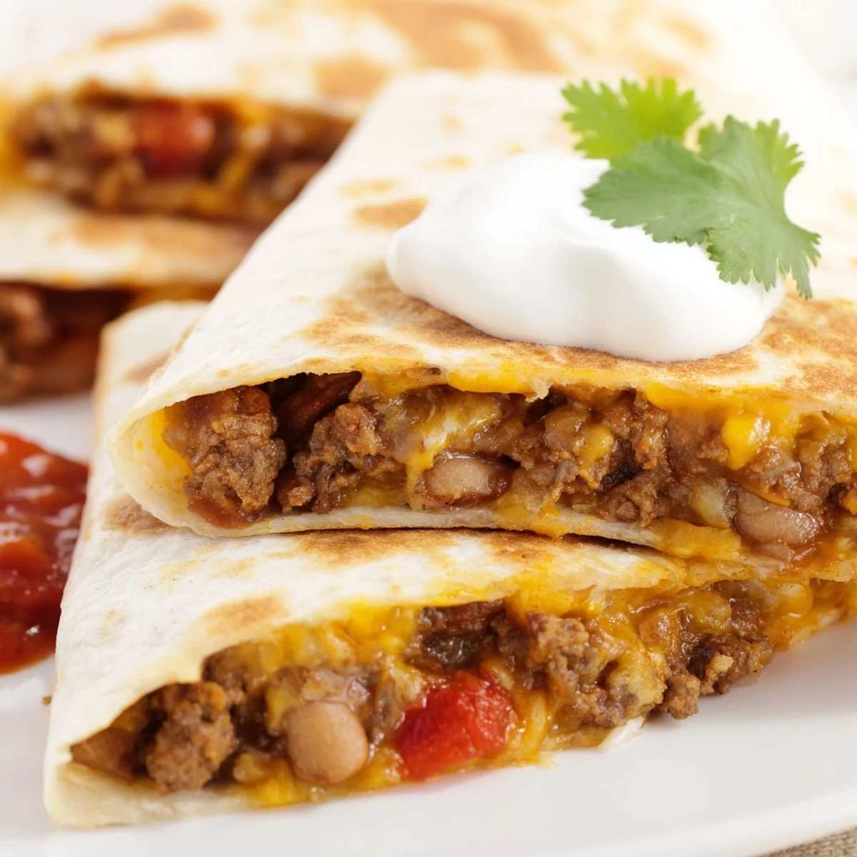 Golden-brown Cheesy Beef and Bean Quesadillas with melted cheddar and Monterey Jack on a rustic plate.