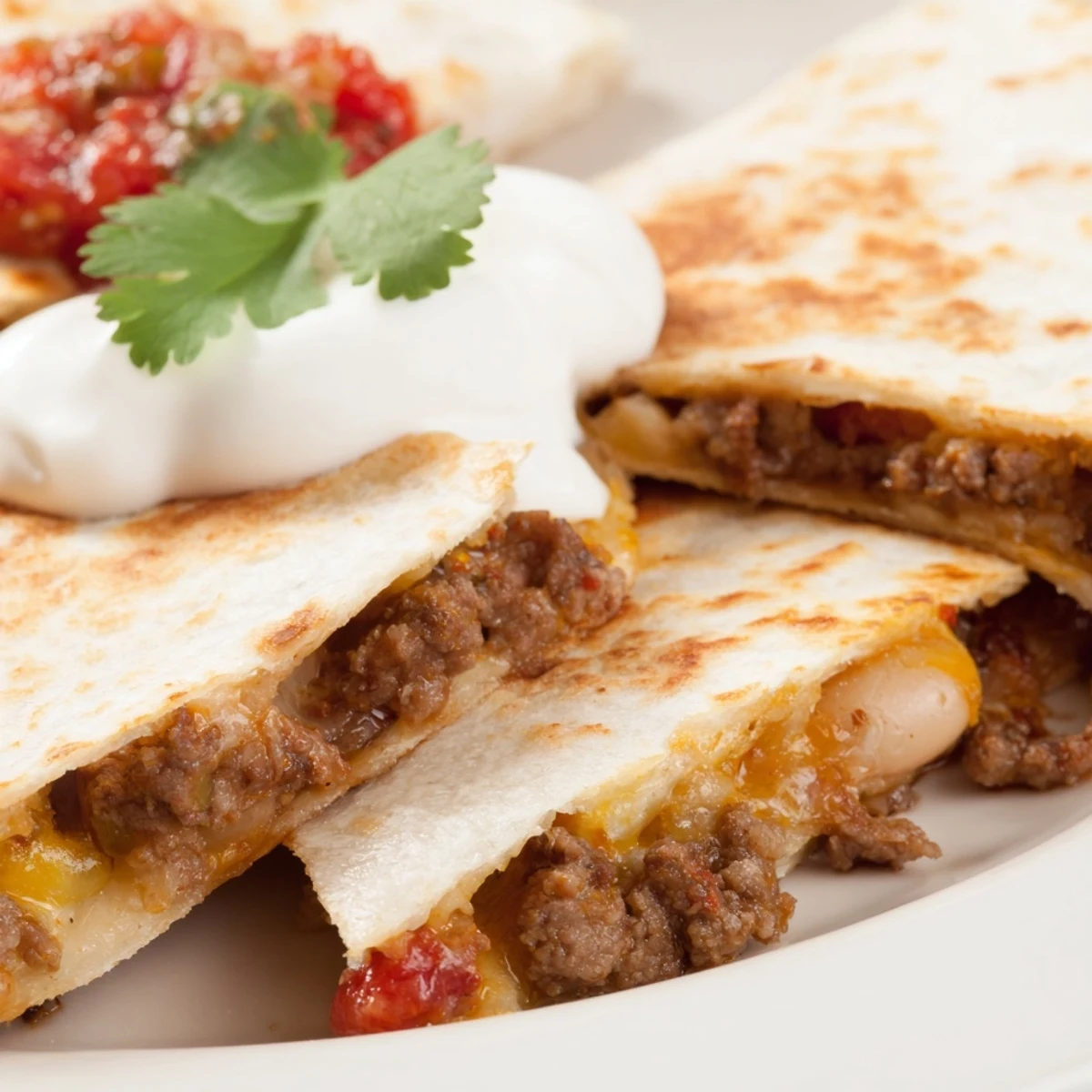 Four Cheesy Beef and Bean Quesadillas sliced into wedges, served with fresh salsa and sour cream.