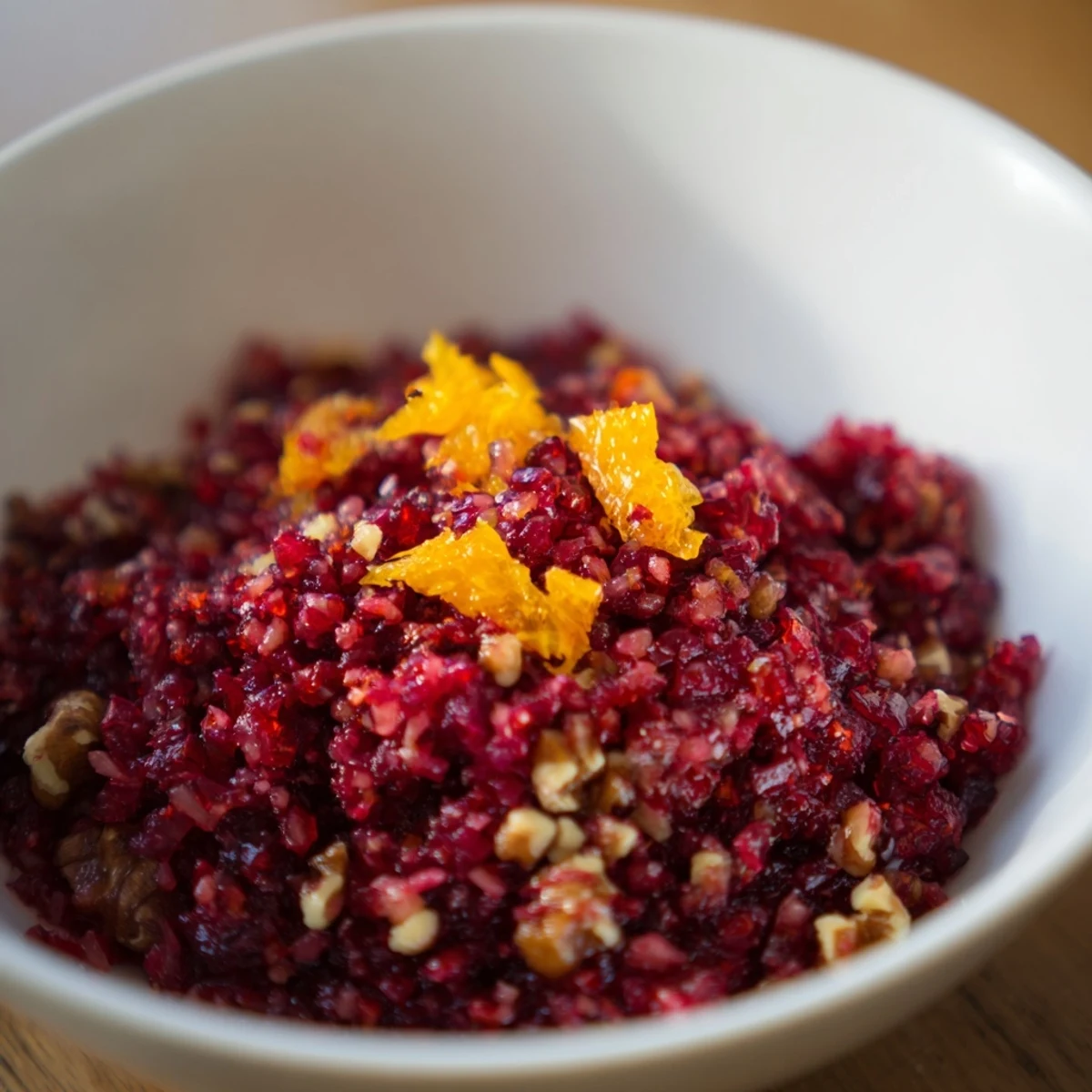 Bright red cranberry orange relish with fresh ginger in a white bowl, garnished with orange zest. 