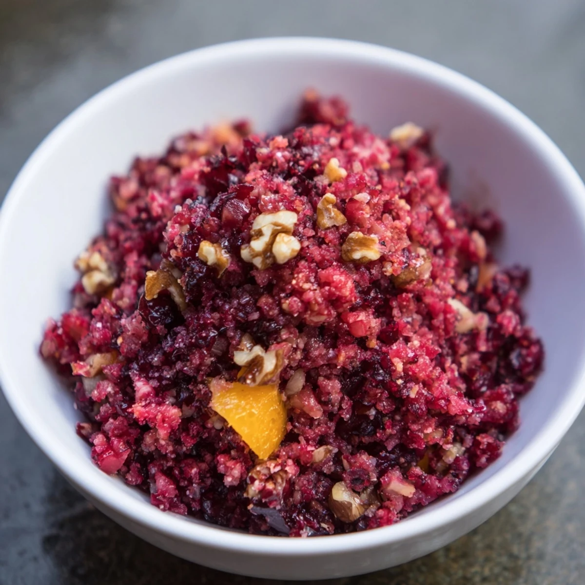 Vibrant, zesty Cranberry Orange Relish with Ginger ready to serve chilled. 