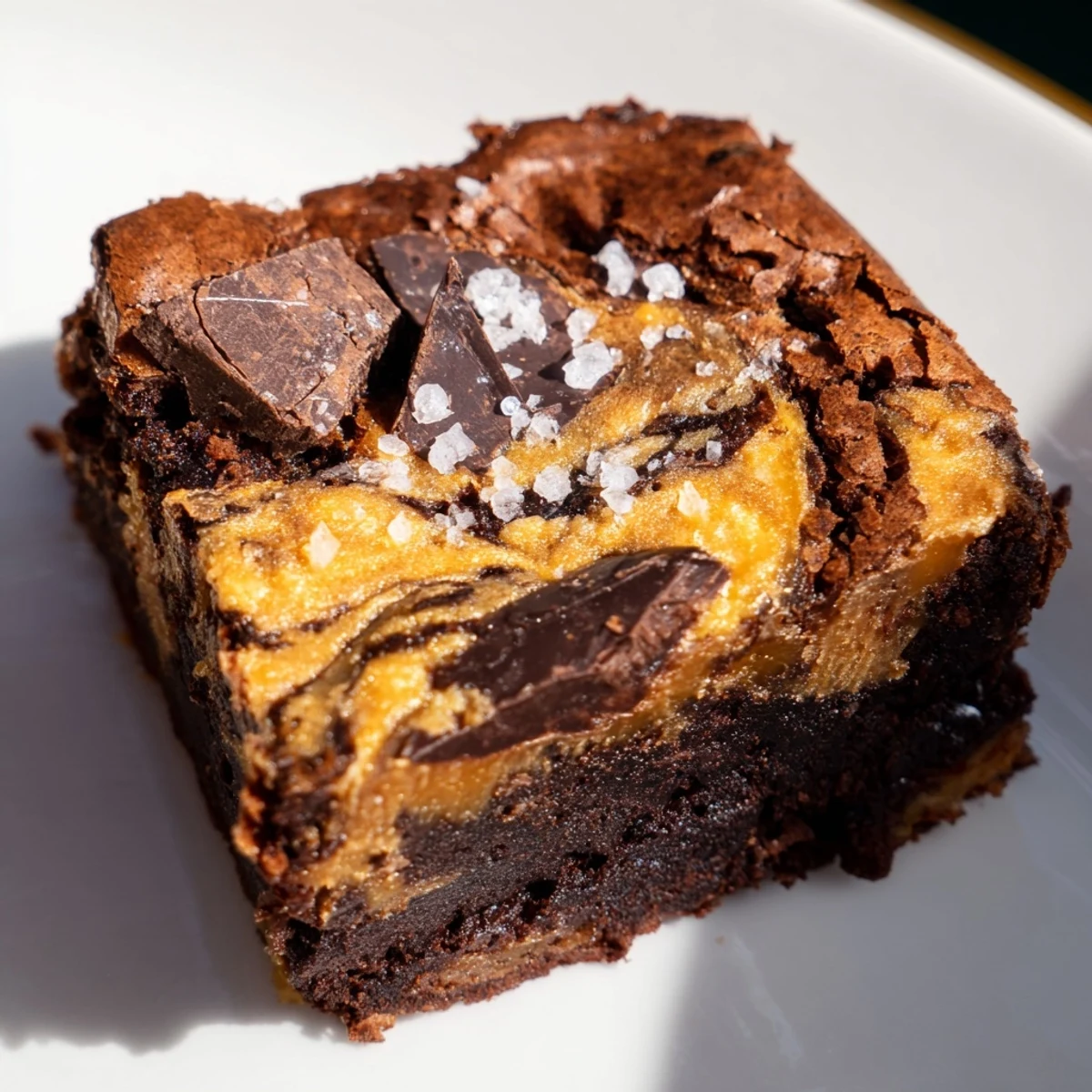 Slices of Chocolate Fudge Brownies with Salted Caramel plated beside a glass of milk, highlighting moist, fudgy layers.
