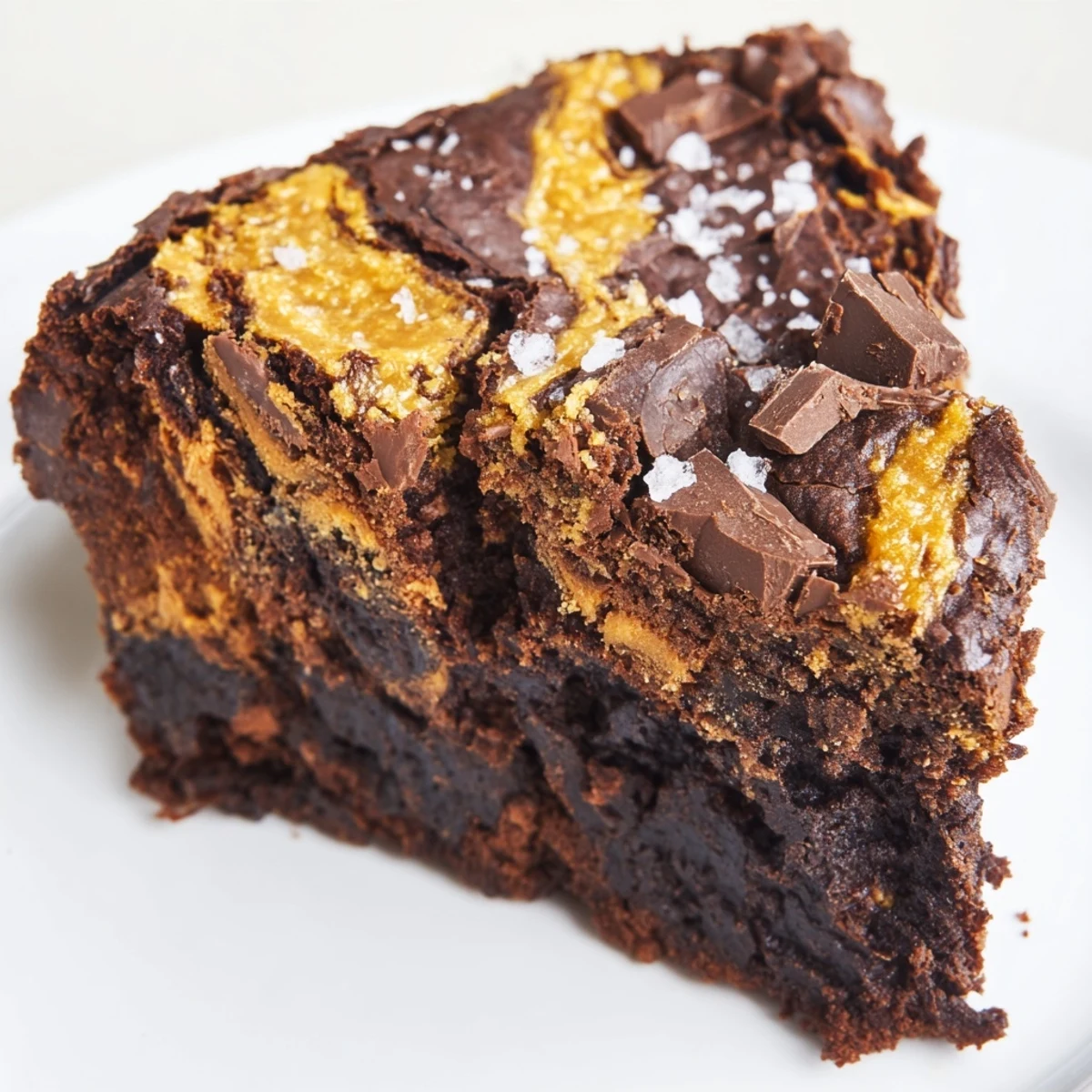 Freshly baked Chocolate Fudge Brownies with Salted Caramel showing a rich, gooey swirl and cracked top on a cooling rack.