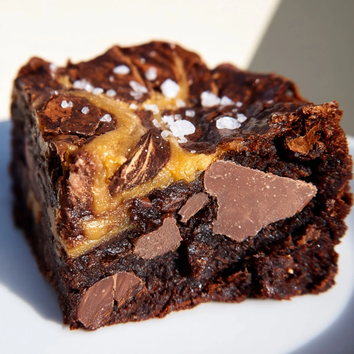 Close-up of a hand holding a warm square of Chocolate Fudge Brownies with Salted Caramel, revealing melted chocolate chunks.