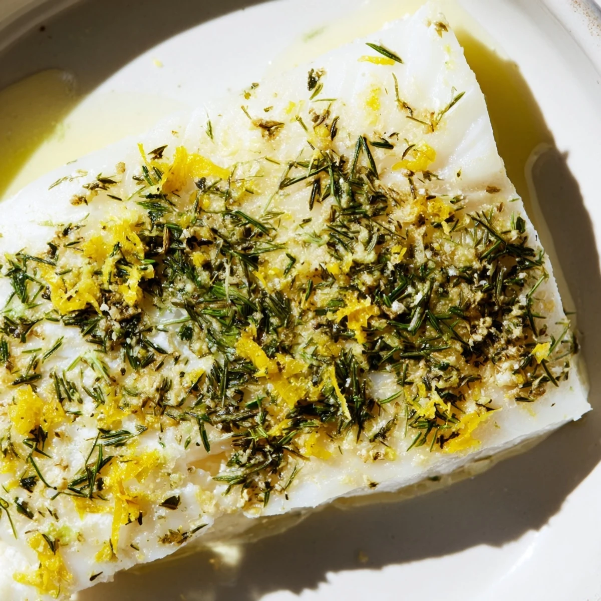 Golden-brown baked halibut fillets topped with melted lemon herb butter and fresh parsley on a baking sheet.