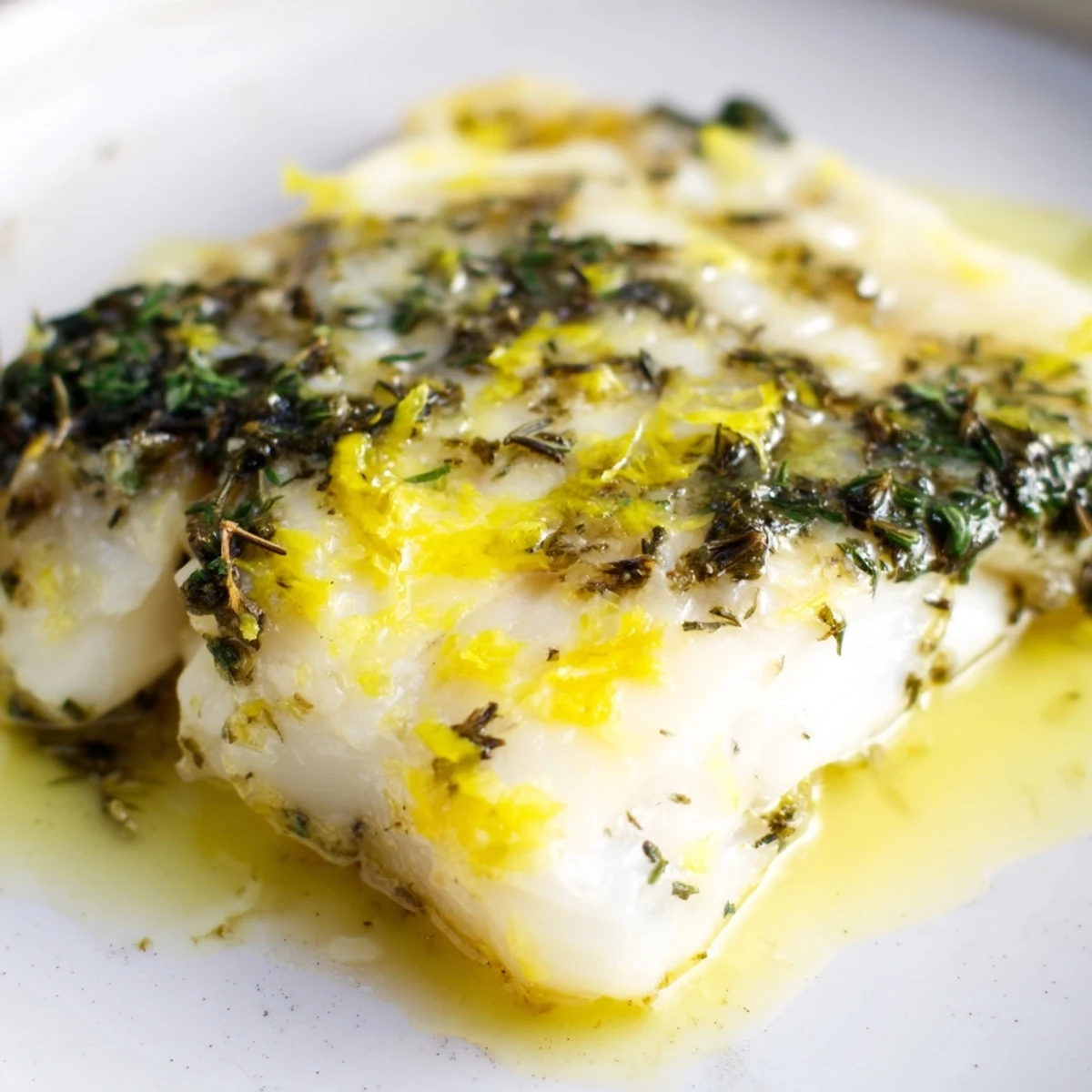 Succulent baked halibut with lemon herb butter garnished with lemon wedges, ready to serve for dinner.