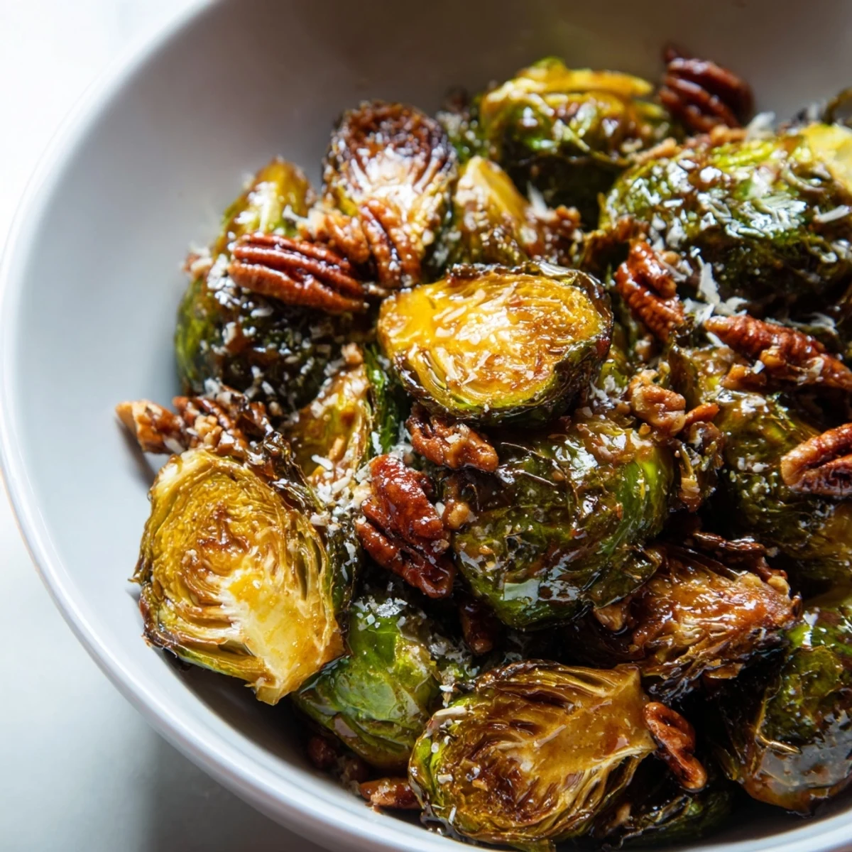 Rustic serving platter of Crispy Brussels Sprouts with Maple Syrup, ready to pair with roasted chicken.