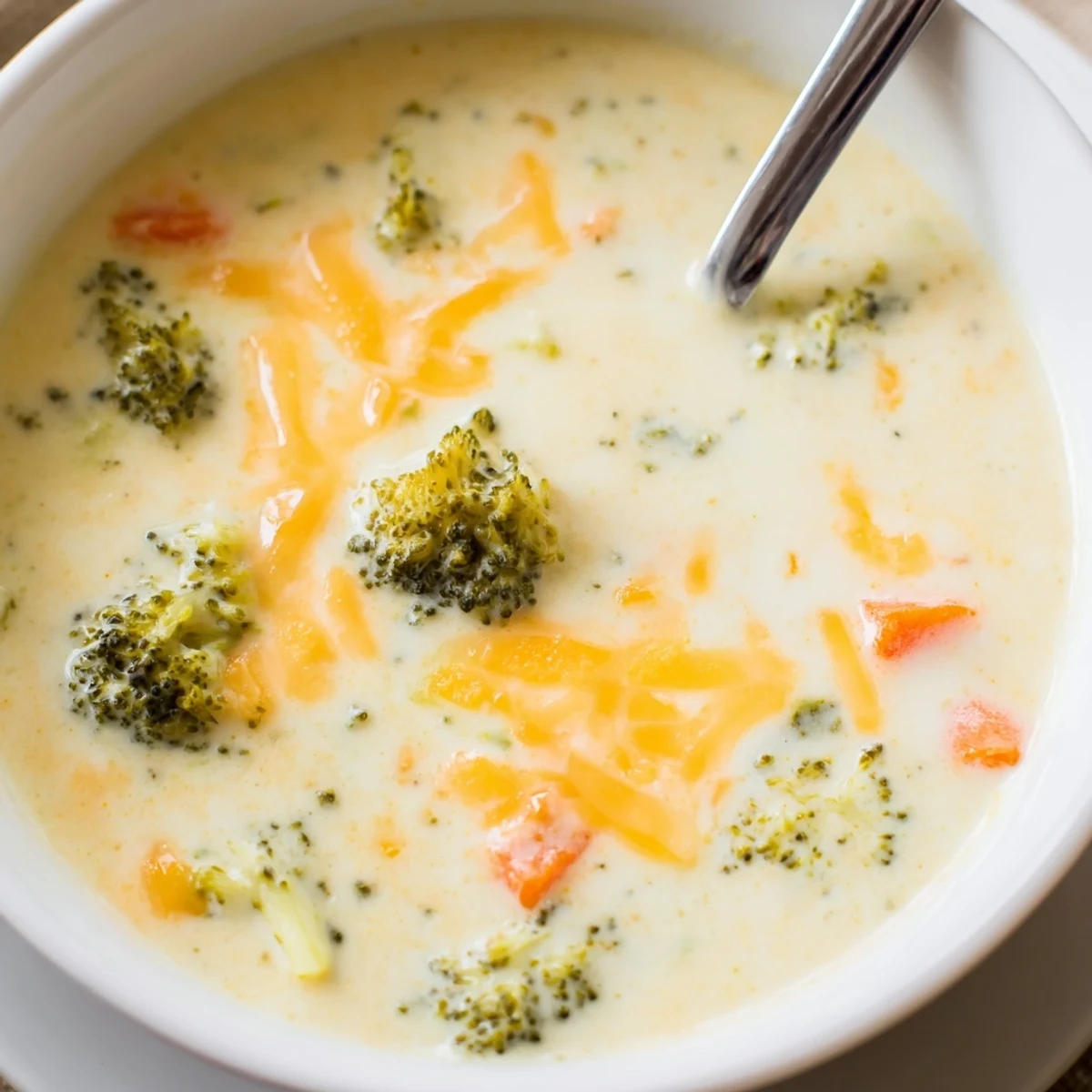 Steaming pot of Creamy Broccoli and Cheddar Soup on a stovetop, featuring vibrant green florets and melted sharp cheddar.