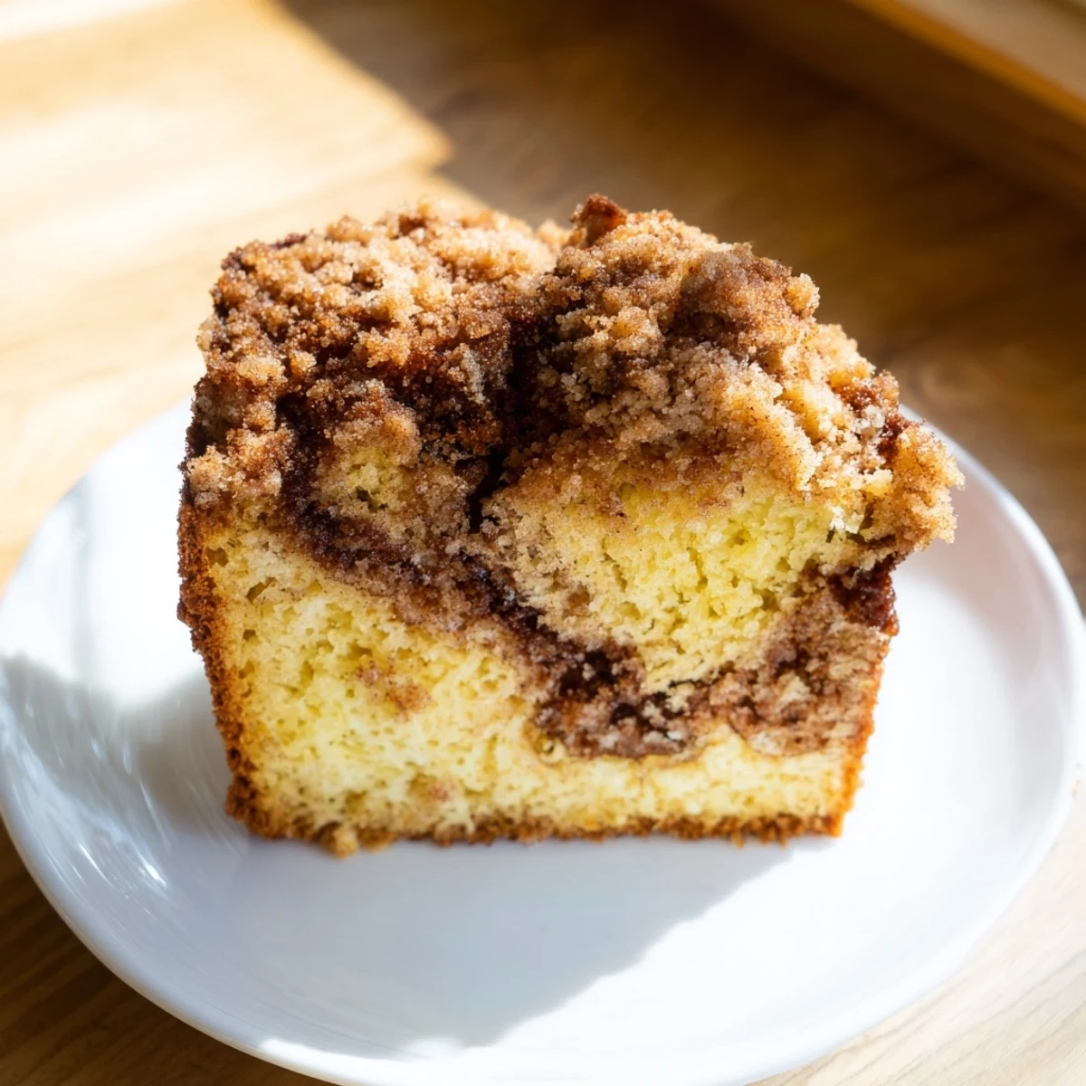 Close-up of a warm slice of Cinnamon Swirl Coffee Cake with Crumble, showing the rich cinnamon swirl inside. 