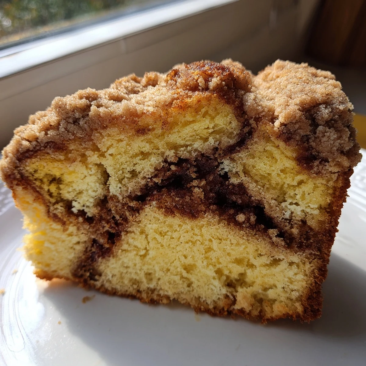 Homemade Cinnamon Swirl Coffee Cake with Crumble cooling on a wire rack, perfect with a cup of coffee.