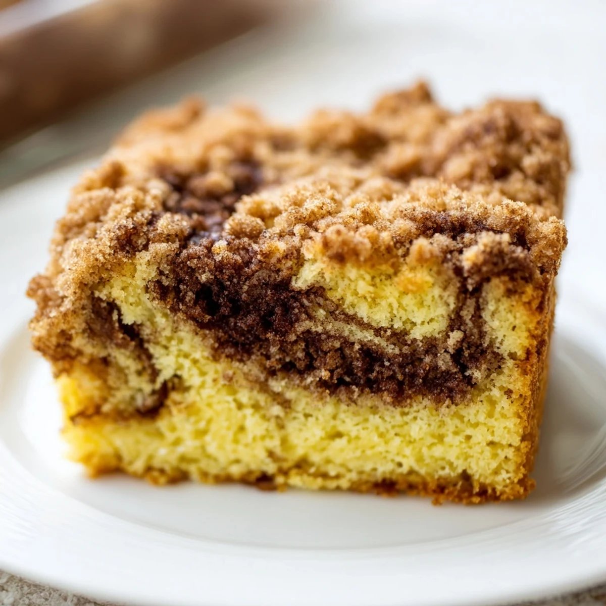 Freshly baked Cinnamon Swirl Coffee Cake with Crumble topping on a white plate, ready to serve for breakfast. 