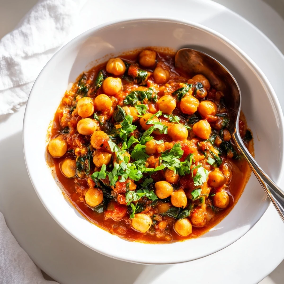 Golden Spicy Chickpea and Spinach Curry steams beside fluffy basmati rice, with a lemon wedge and fresh cilantro.