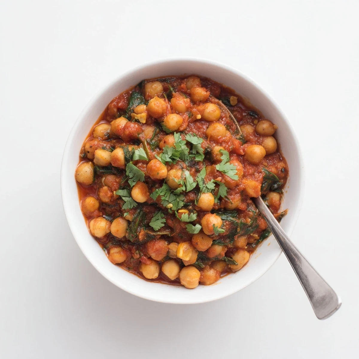 Close-up of Spicy Chickpea and Spinach Curry with vibrant red-orange sauce, garnished with cilantro and served warm.