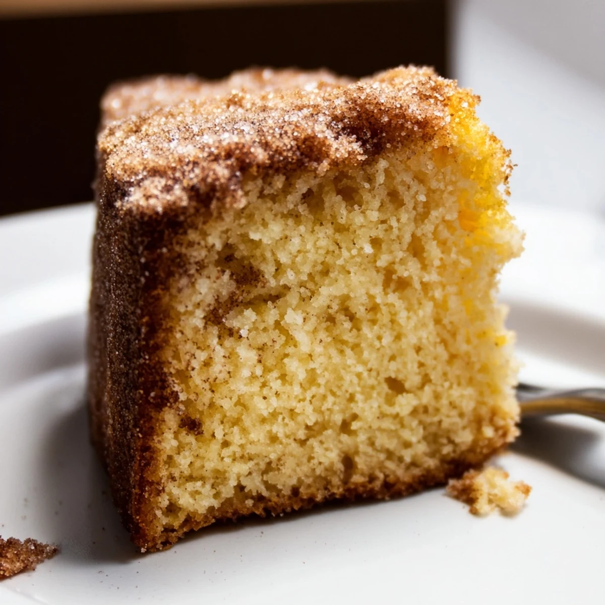 A moist slice of Sugar-Crusted Vanilla Loaf Cake topped with sparkling sugar, served with fresh berries and a hot cup of coffee.
