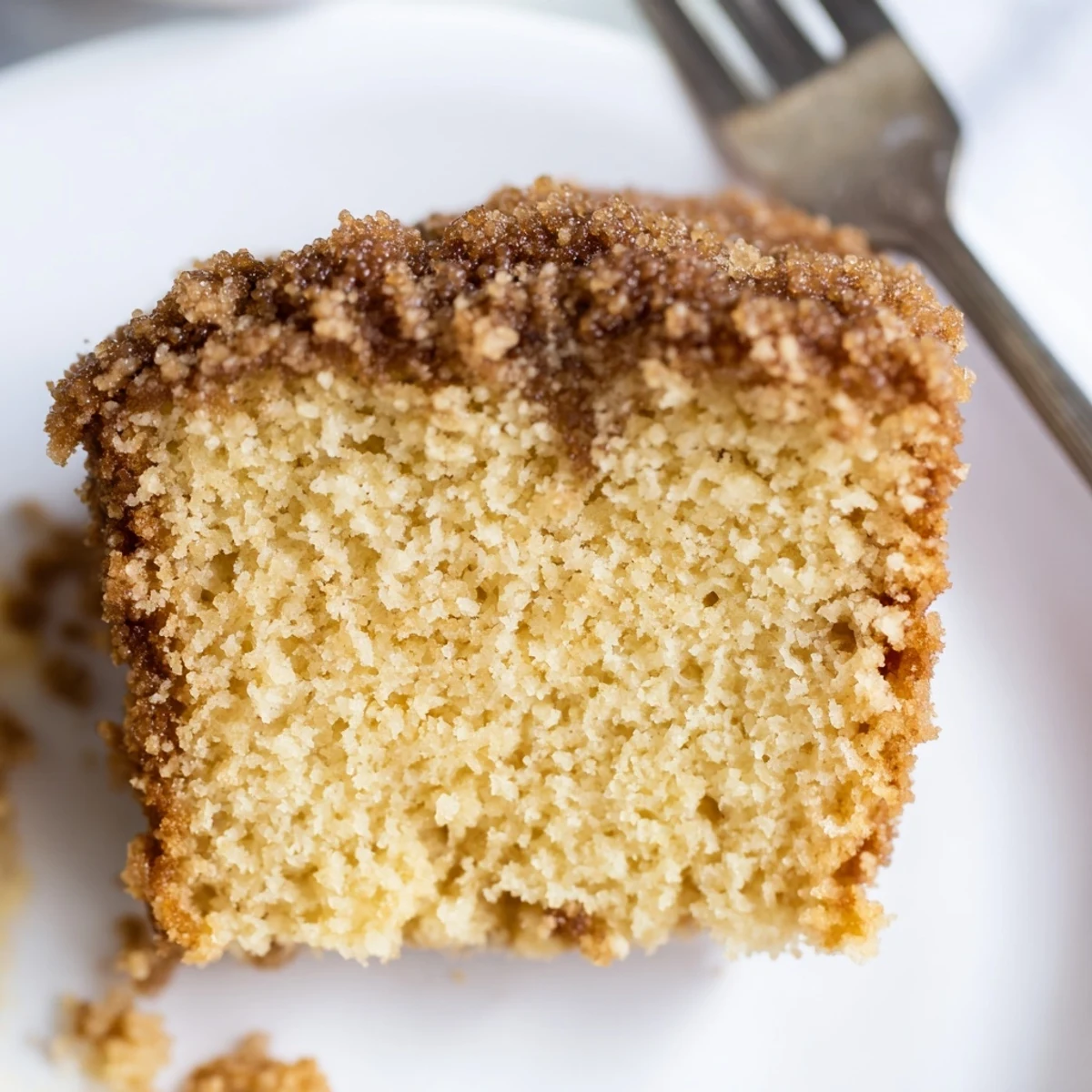 Freshly baked Sugar-Crusted Vanilla Loaf Cake with a golden cinnamon sugar topping and tender crumb, sliced on a wooden board.