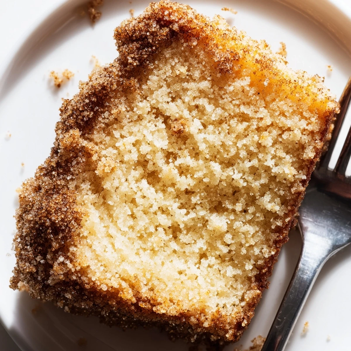Moist interior and crunchy top of a homemade Sugar-Crusted Vanilla Loaf Cake, presented on a ceramic platter with a soft butter knife.