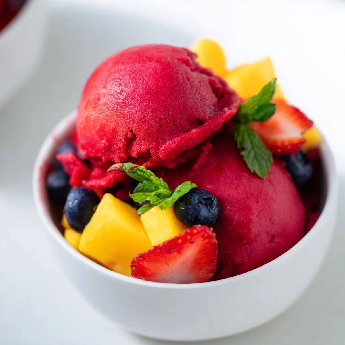 Bright red Cranberry Sorbet with Fruit is garnished with strawberries, diced mango, and a sprig of mint on a rustic table.