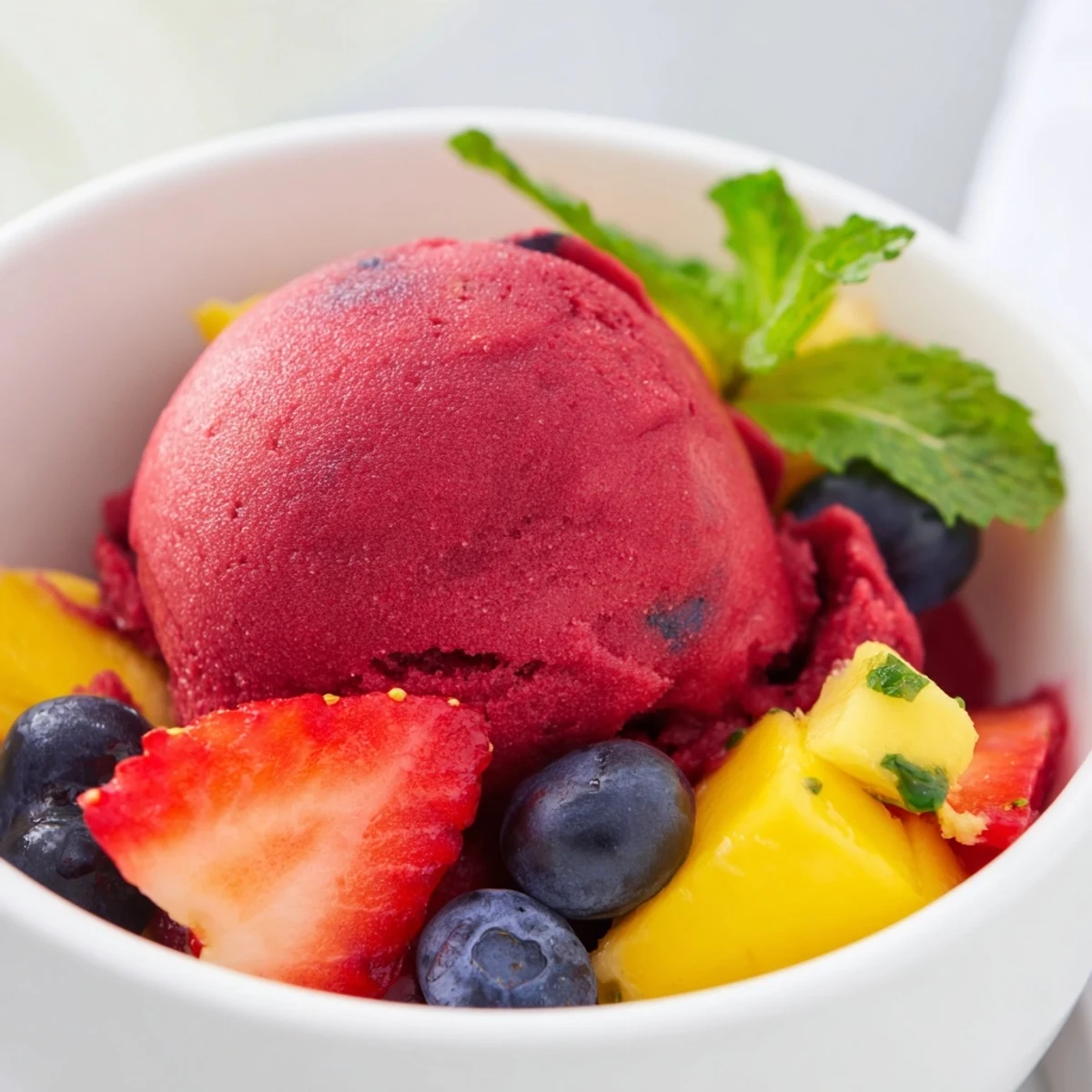 Homemade Cranberry Sorbet with Fruit features a smooth, slushy texture with colorful berries and kiwi in a dessert bowl.