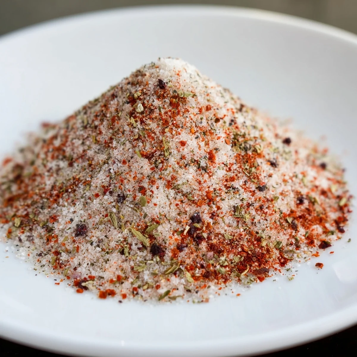 A rustic wooden bowl filled with Spiced Salt with Pepper, ready to season roasted vegetables or grilled steak.