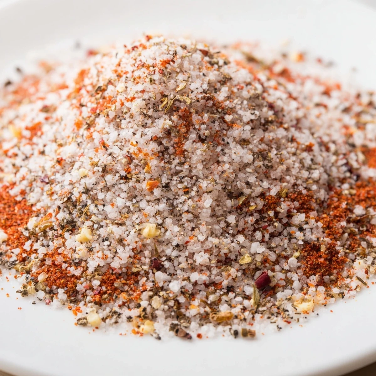 A spoon lifting Spiced Salt with Pepper from a bowl, highlighting its coarse, aromatic texture for finishing dishes.
