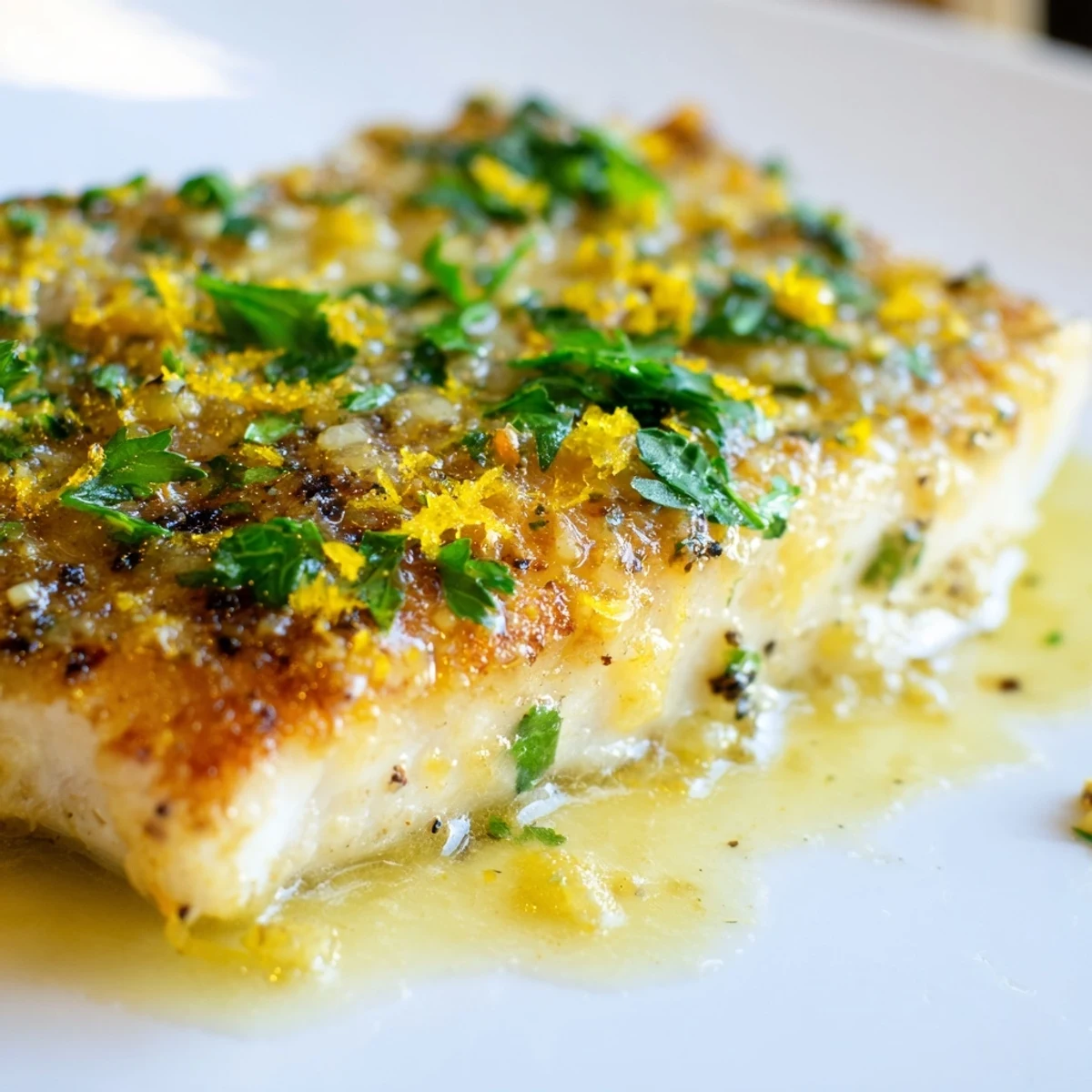 Golden pan-seared Lemon Squeeze with Fish fillets drizzled with a bright, bubbling lemon butter sauce and fresh parsley.