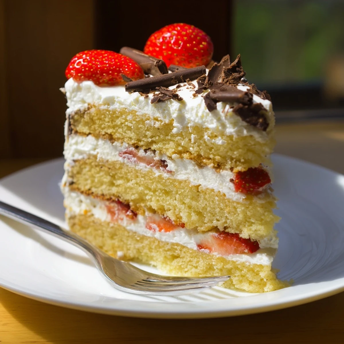 Sliced creamy layer cake reveals fluffy interior and velvety cream, garnished with chocolate shavings and berries on a white serving platter.