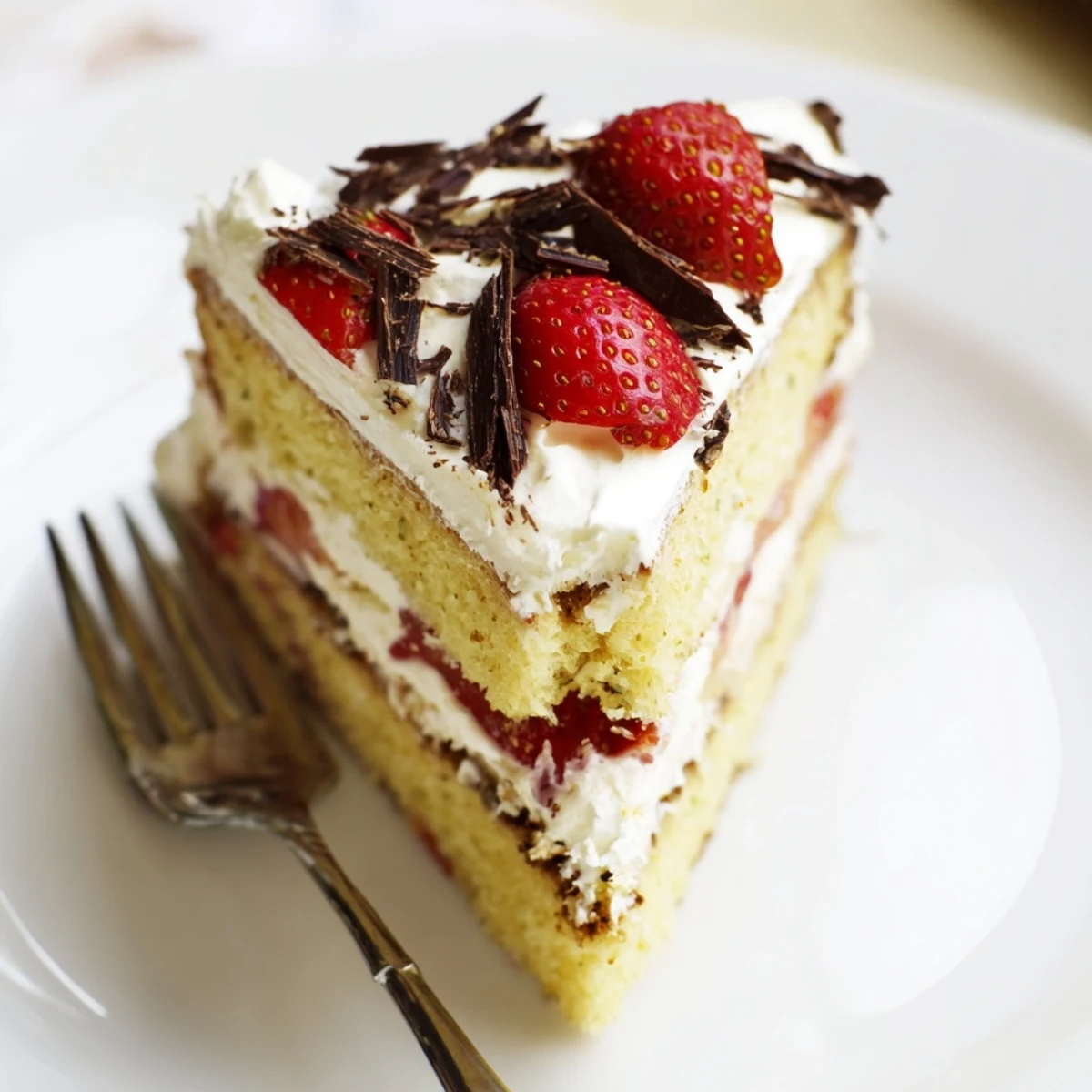 A creamy layered cake showcases four tall, moist sponge circles stacked with billowy whipped cream filling and topped with fresh raspberries.