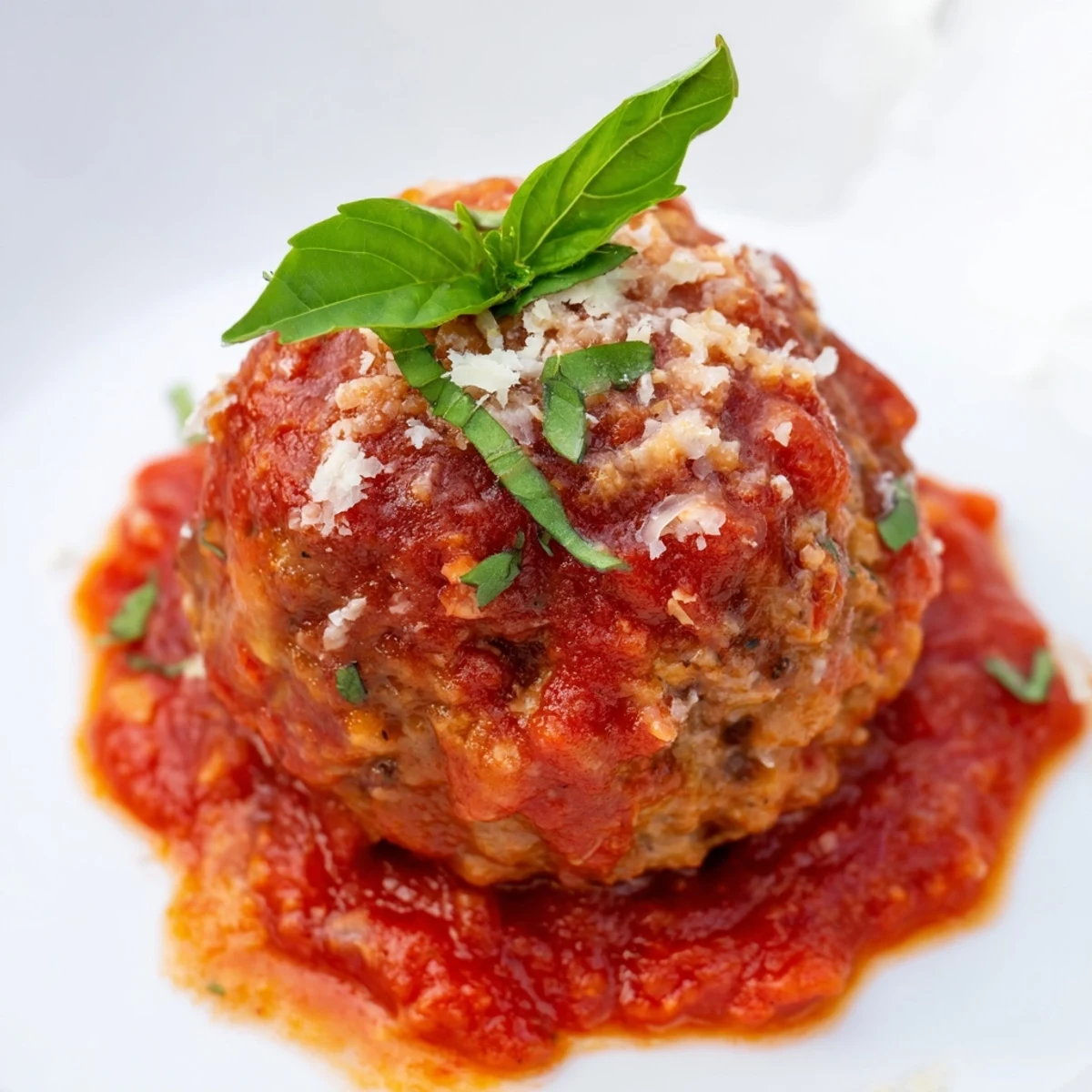 Golden-brown turkey meatballs simmering in a rich marinara sauce inside a cast iron skillet, garnished with fresh basil.