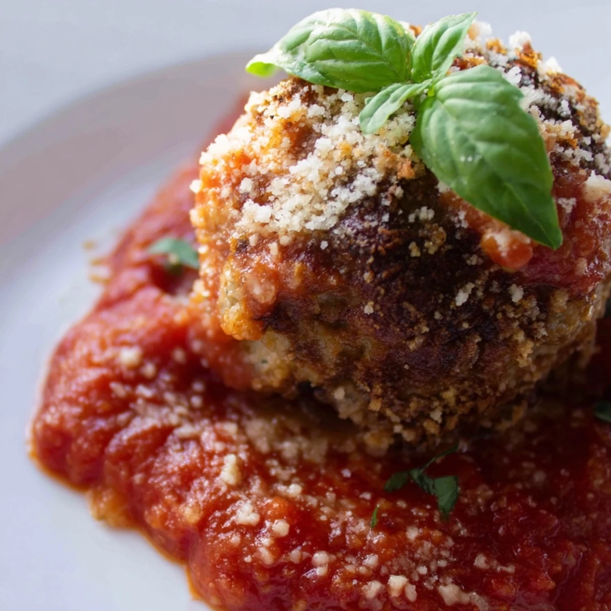 Close-up of tender turkey meatballs bubbling in tomato sauce, ready to be enjoyed as a hearty Italian-American meal.