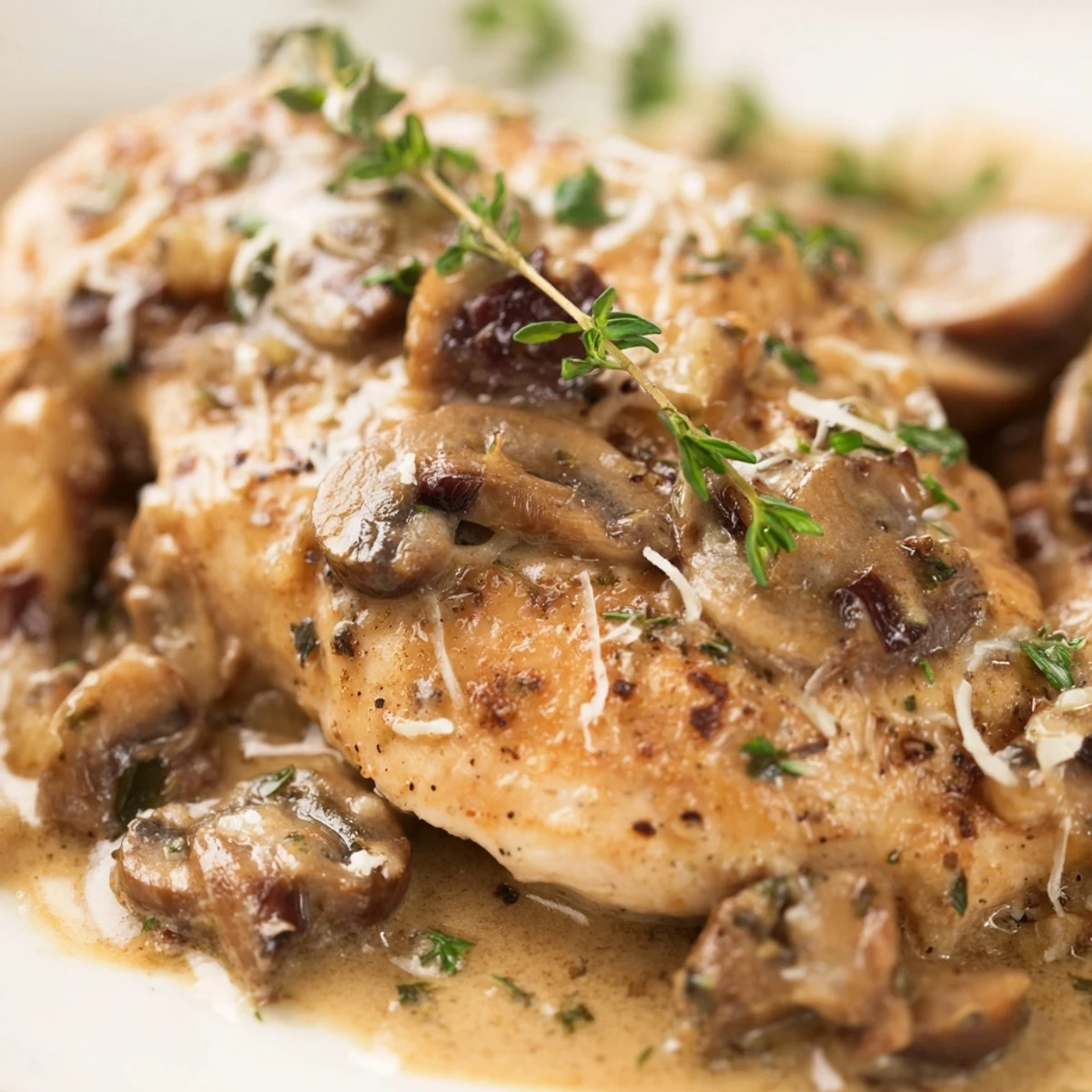 Golden, seared chicken breasts rest in a creamy mushroom sauce next to fluffy mashed potatoes in a skillet.