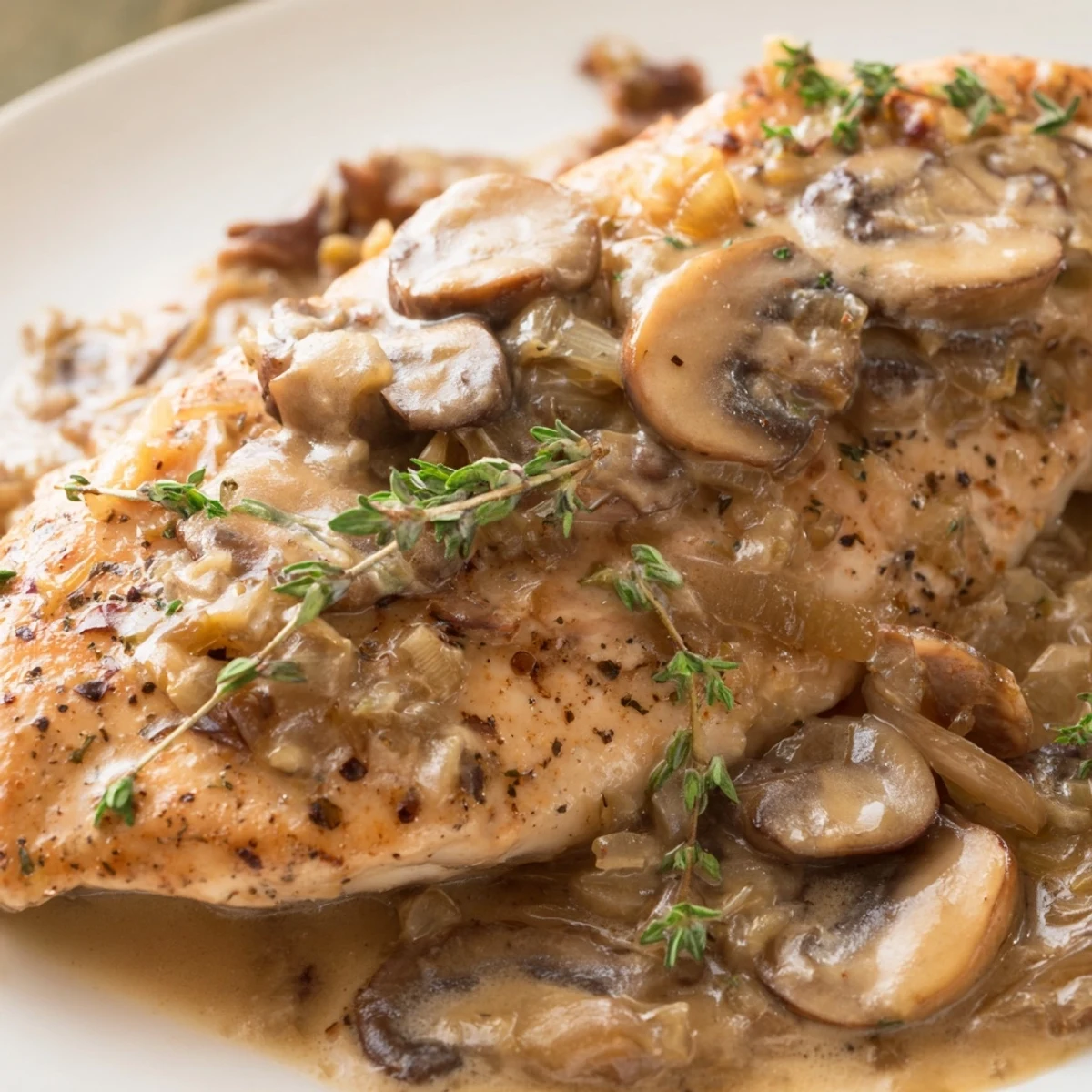 Tender chicken simmers in a garlicky cream sauce with sautéed mushrooms, garnished with fresh parsley.