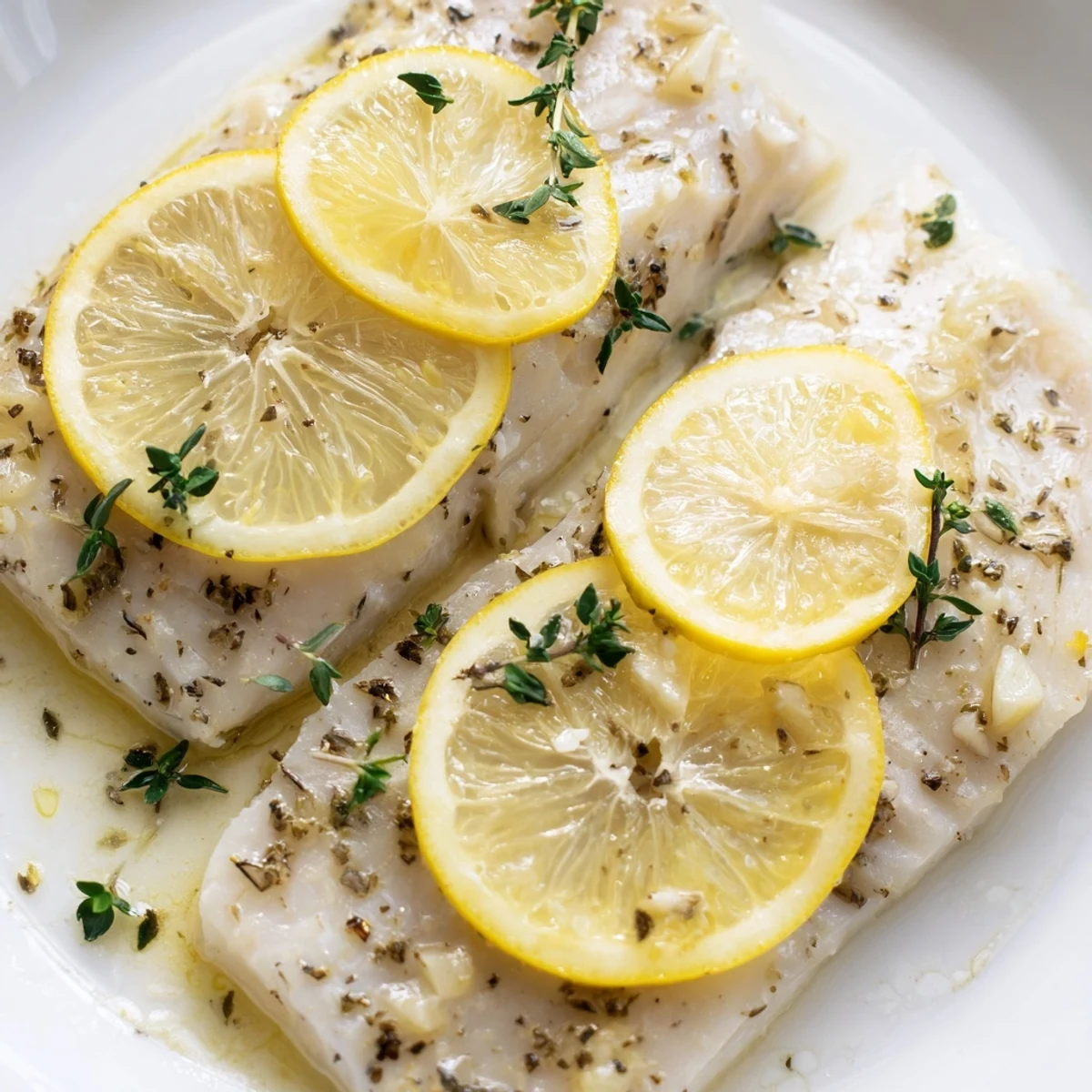 Golden-brown Baked Halibut with Lemon fillets garnished with fresh parsley, ready to serve.