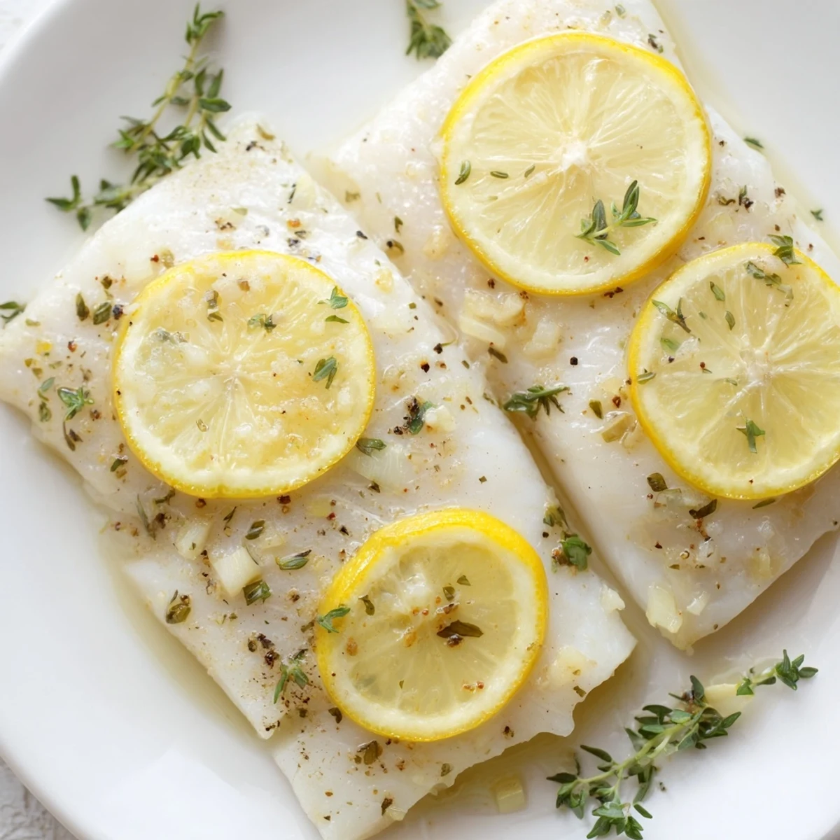 Sizzling Baked Halibut with Lemon fresh from the oven, topped with lemon slices and herbs.