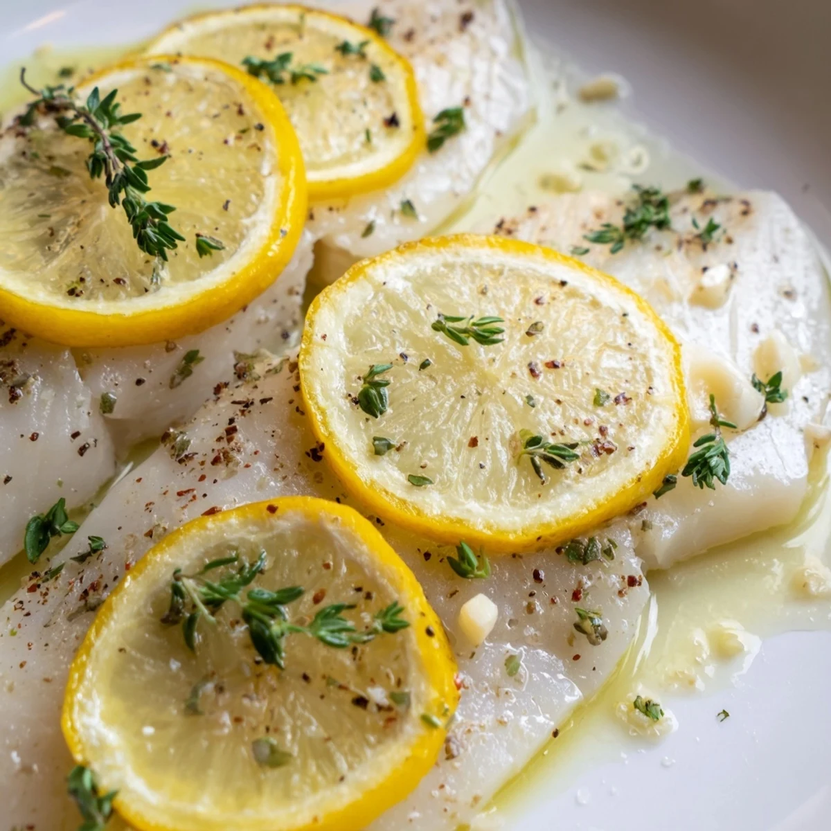 Flaky and tender Baked Halibut with Lemon on a white plate, drizzled with olive oil.