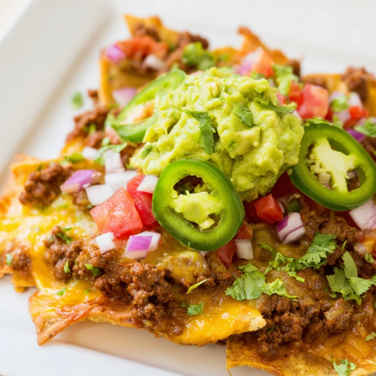 Freshly baked Beef Nachos with Guacamole, featuring crispy tortilla chips, savory spiced beef, and melted cheese, topped with vibrant guacamole.