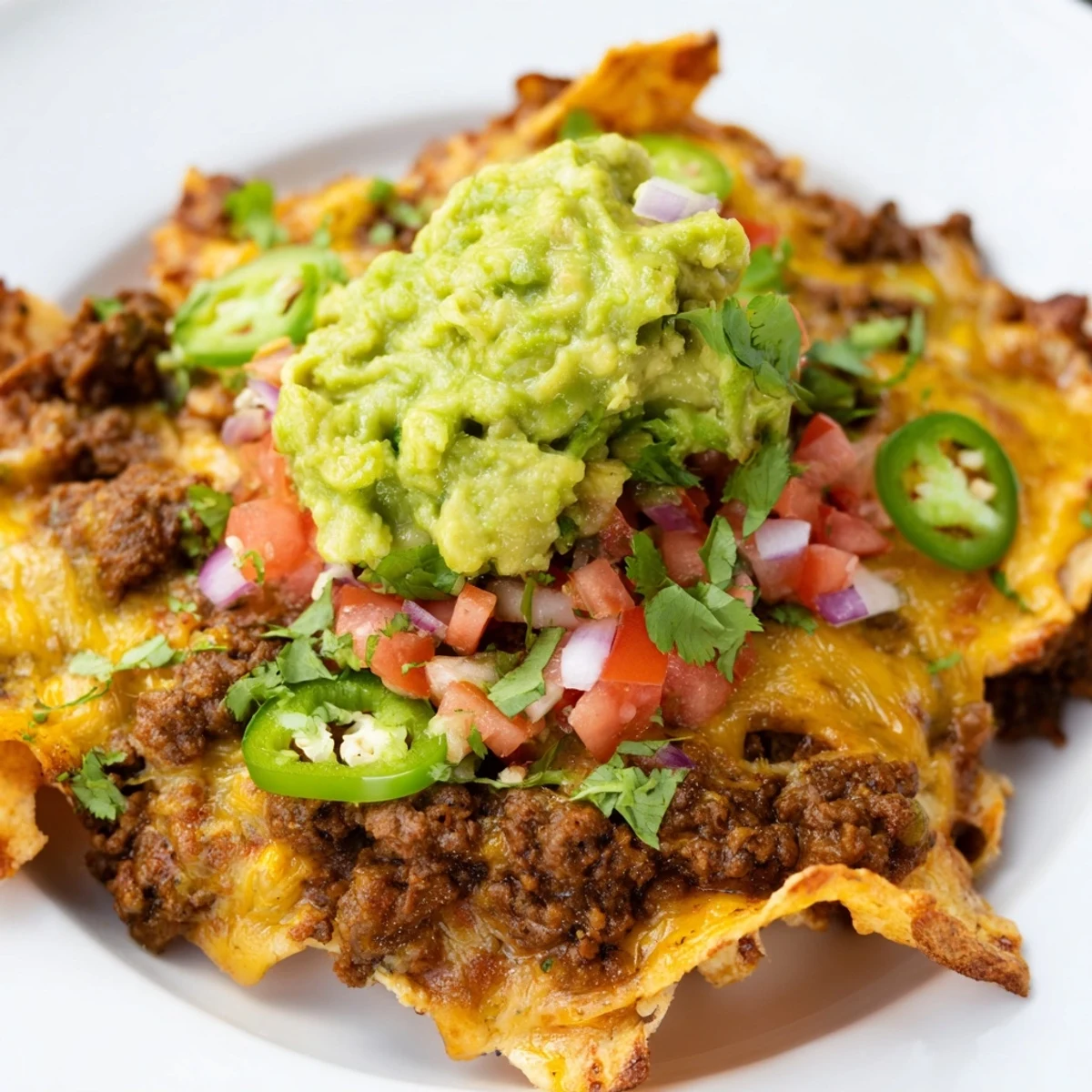 Platter of hot Beef Nachos with Guacamole, loaded with ground beef, gooey cheddar, fresh jalapeños, and a dollop of creamy avocado dip.