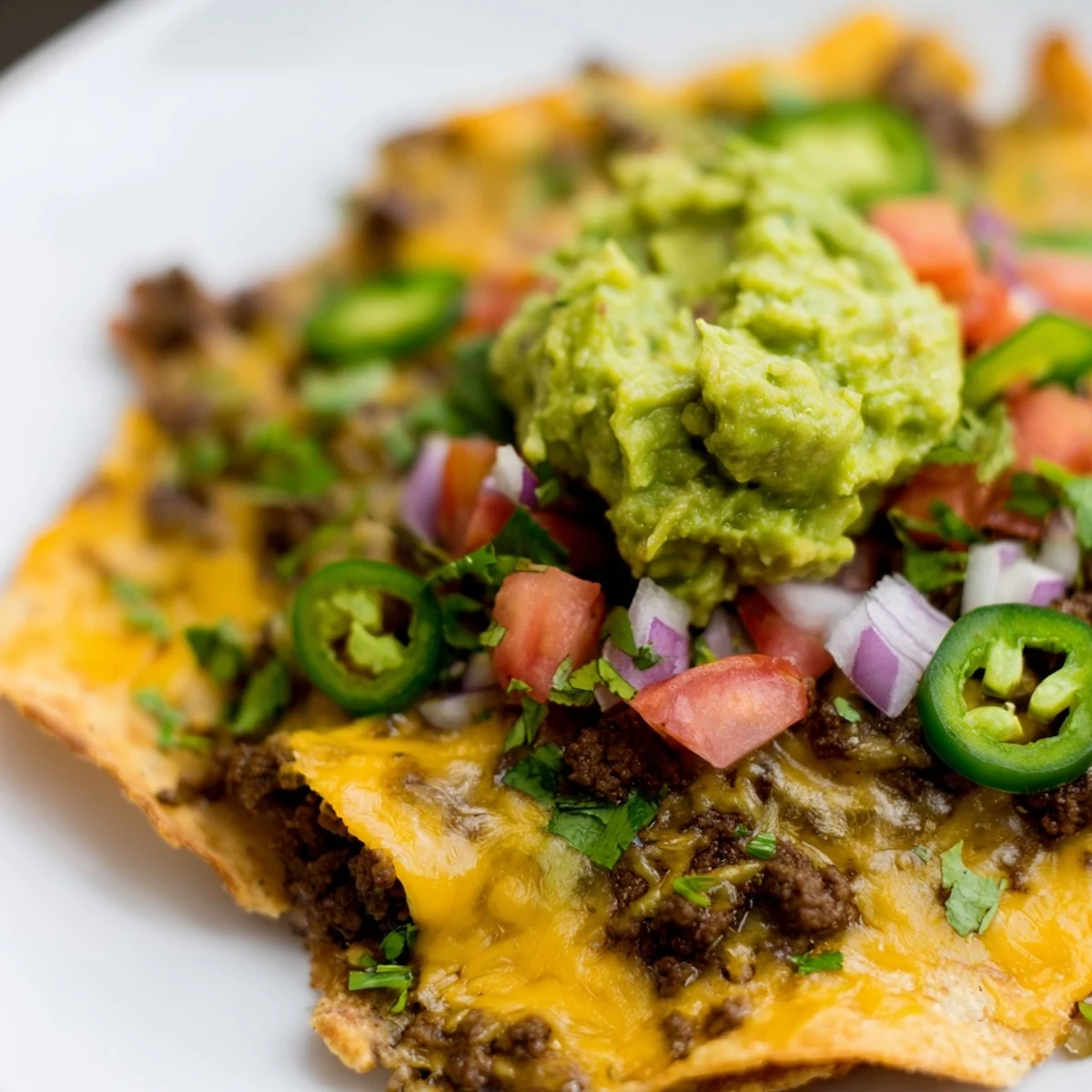 Sizzling Tex-Mex Beef Nachos with Guacamole, served with lime wedges and cilantro, perfect for a game day appetizer spread.