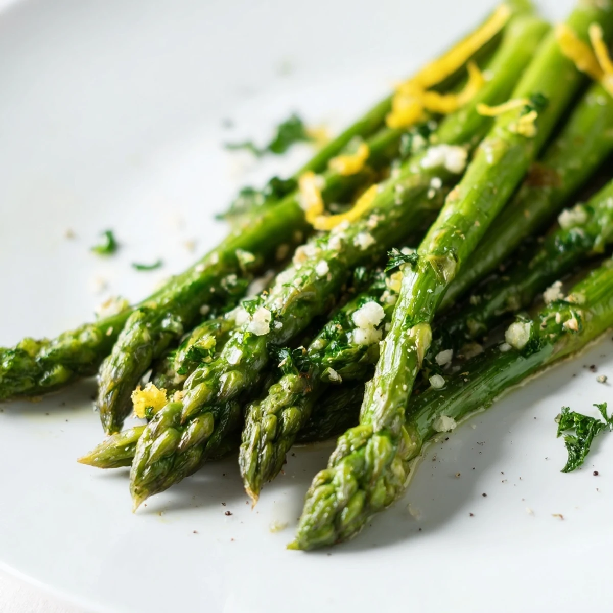 Fresh Lemon Garlic Roasted Asparagus spears glistening with olive oil, roasted until tender-crisp and topped with bright lemon zest.