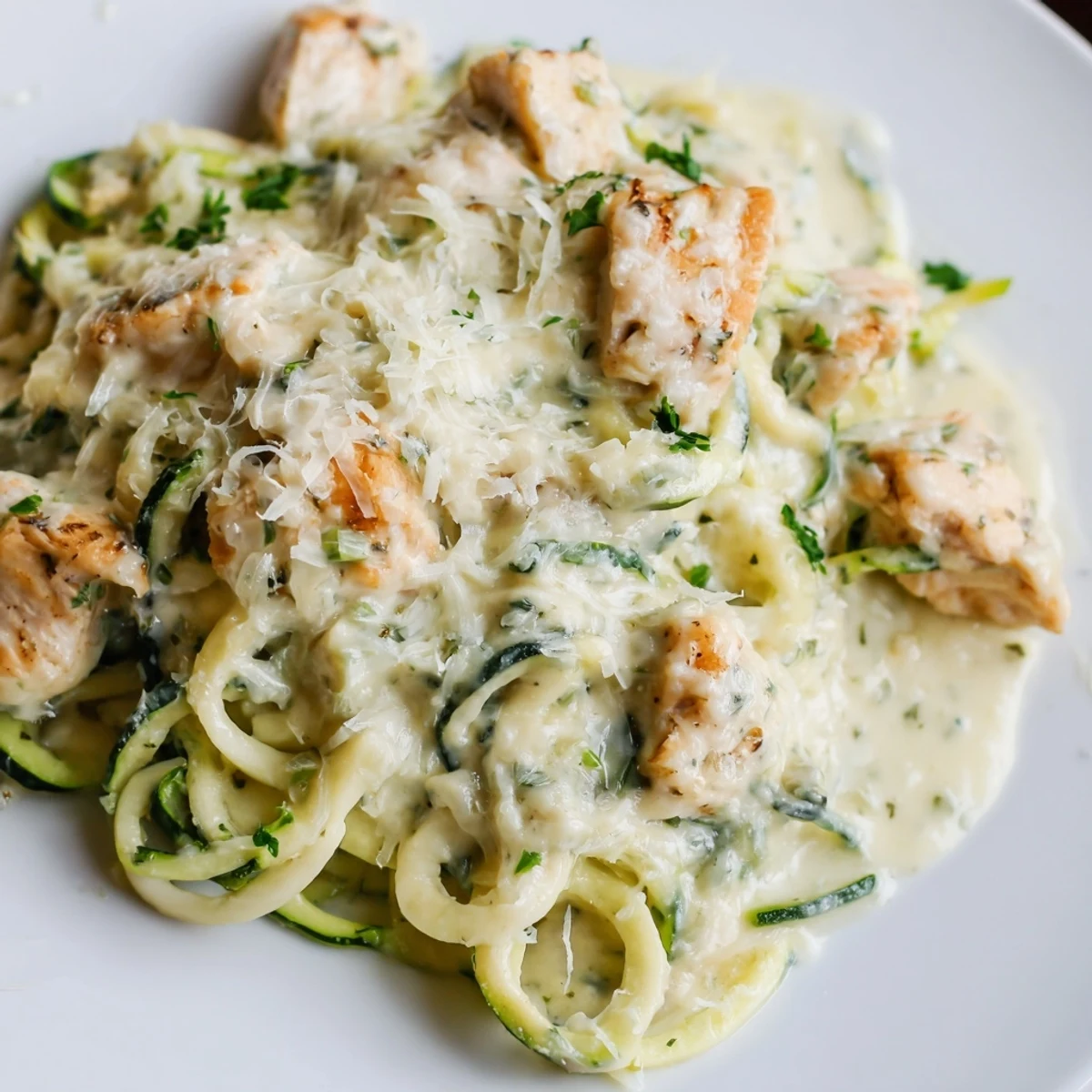 Creamy Chicken Alfredo with Zucchini Noodles served warm on a plate with fresh parsley garnish.