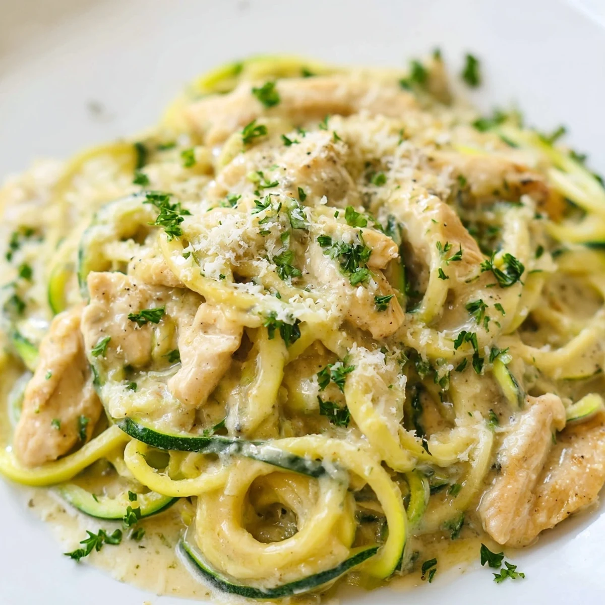 Tender chicken strips in Parmesan Alfredo sauce tossed with fresh spiralized zucchini noodles.
