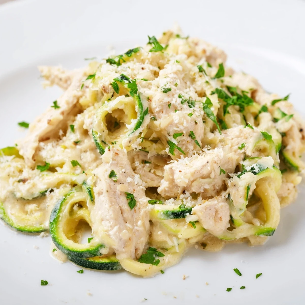 Gluten-free Chicken Alfredo with zucchini noodles ready to serve, garnished with chopped parsley.
